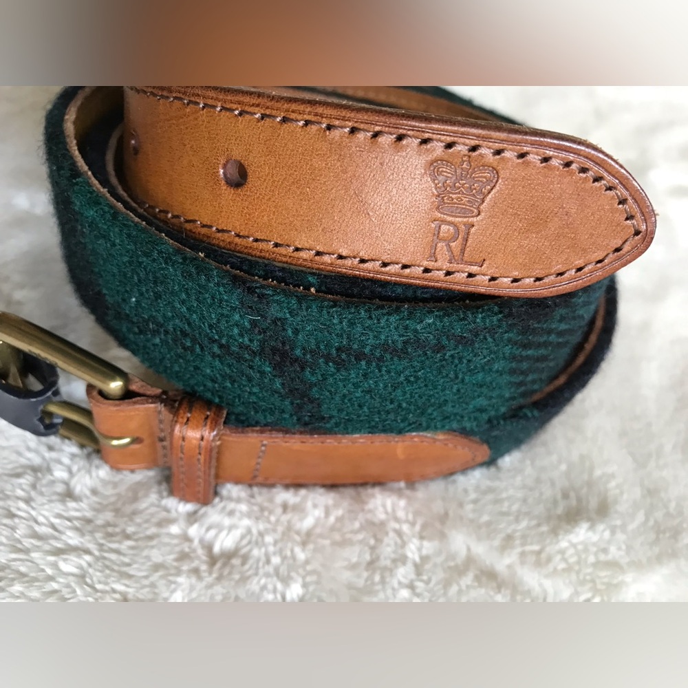 42-Polo by Ralph Lauren Black Watch Plaid Belt with Saddle Tan accent leather